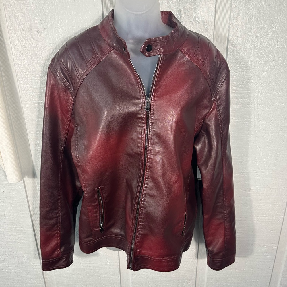 Burgundy Faux Leather Bomber Jacket No Size See Measurements EUC - Picture 2 of 11